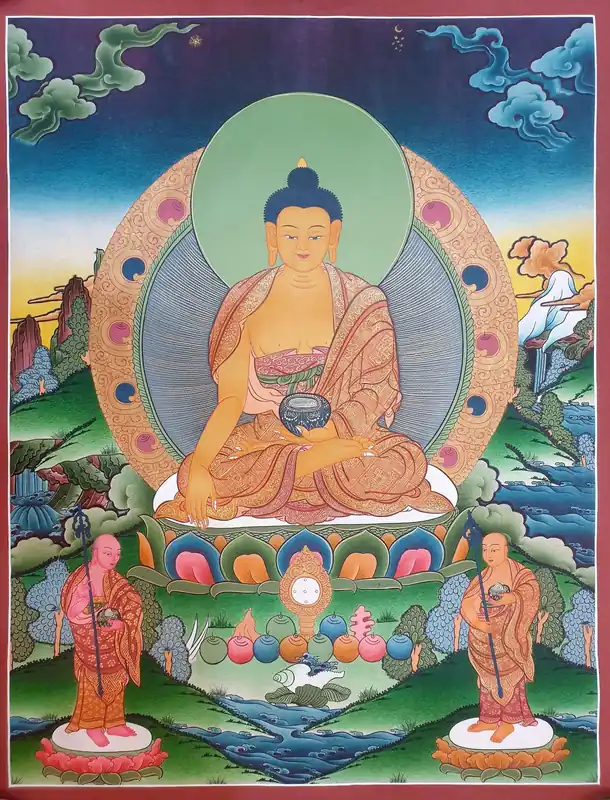 Thangka de Shakyamuni Bouddha avec Deux Dieux Debout