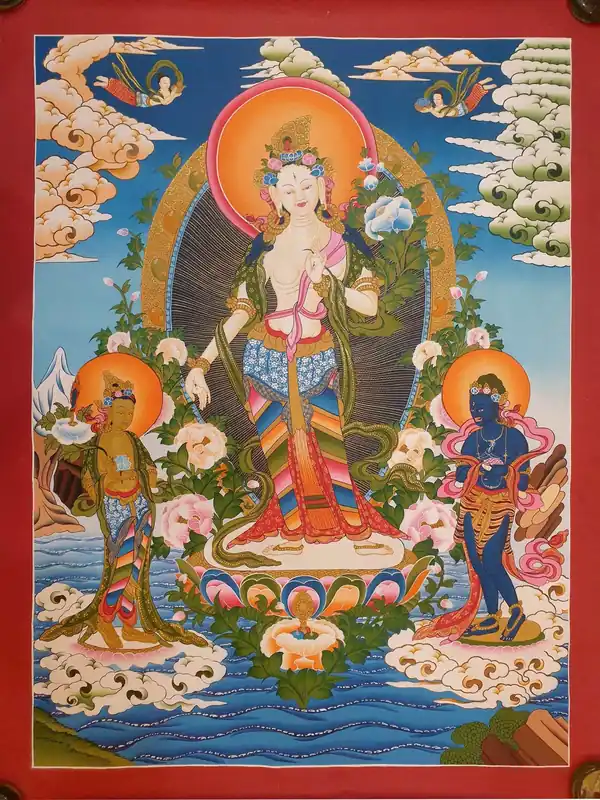 Thangka de la Tara Blanche Debout avec Deux Divinités