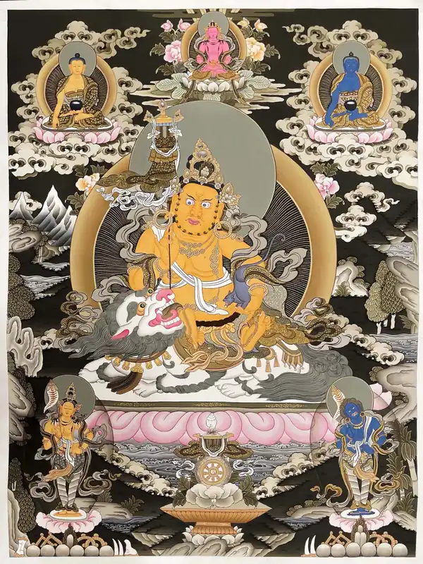 Jambhala Jaune avec Thangka du Bouddha Médecine