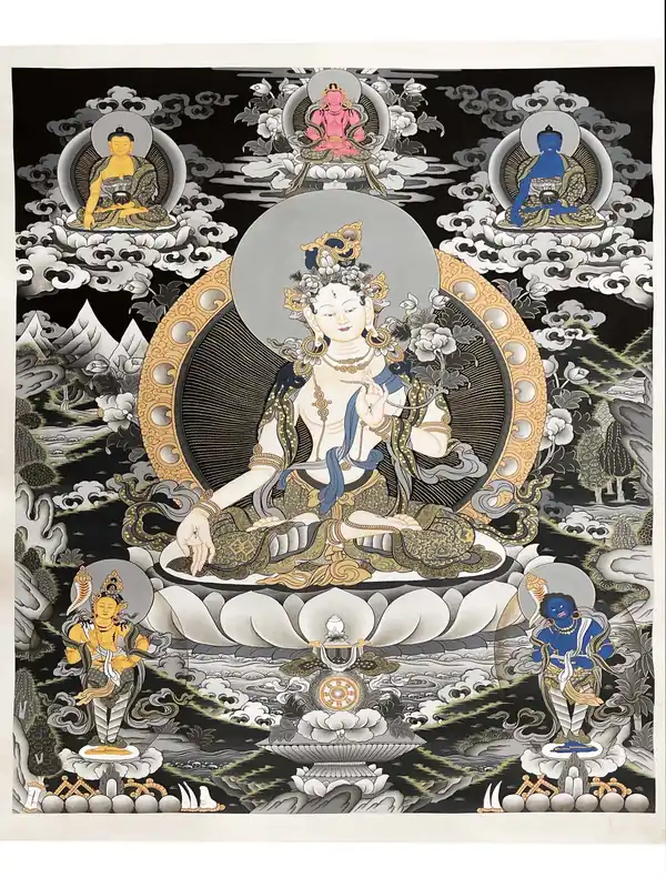 Thangka de la Tara Blanche avec le Bouddha Médecine