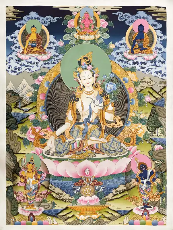 Peinture thangka de la Tara Blanche avec Vajrasattva