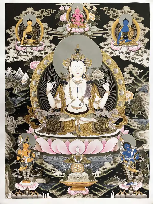 Thangka de Chenrezig avec Shakyamuni Buddha