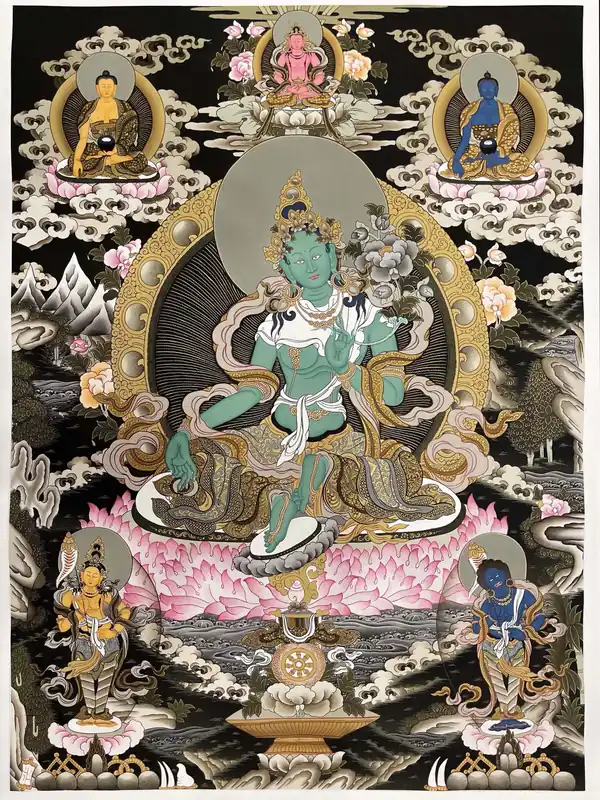 Thangka de Tara Verte avec le Bouddha Médecine