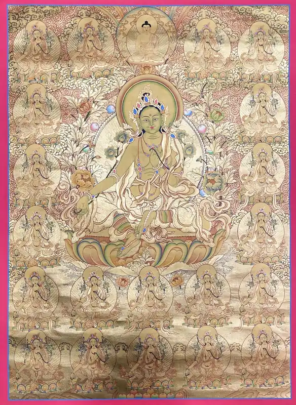 Peinture de la Tara Verte avec le Bouddha Shakyamuni