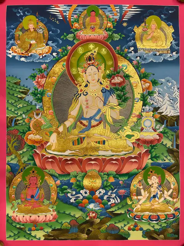 Thangka de la Tara Blanche avec Padmasambhava