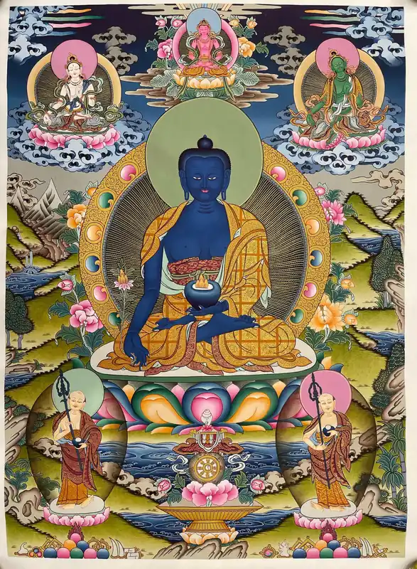 Art thangka du Bouddha de la Médecine avec Tara Blanche