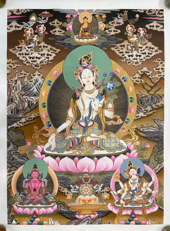 Thangka de la Tara Blanche avec le Bouddha Amitabha