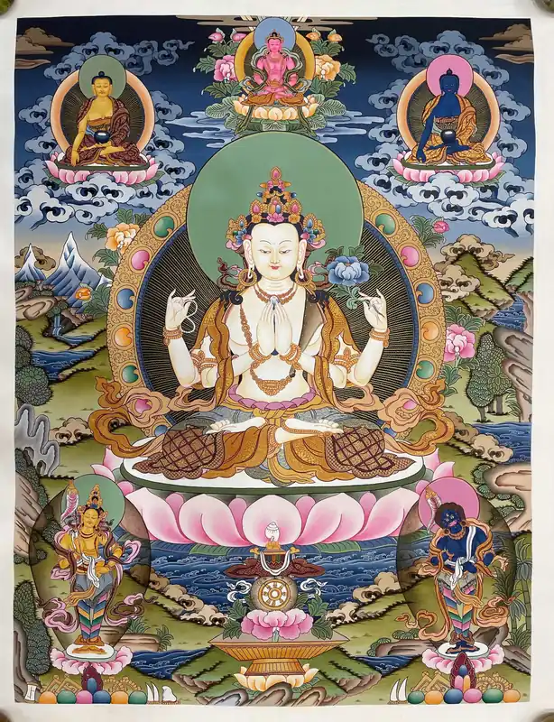 Thangka de Chenrezig avec le Bouddha de Médecine