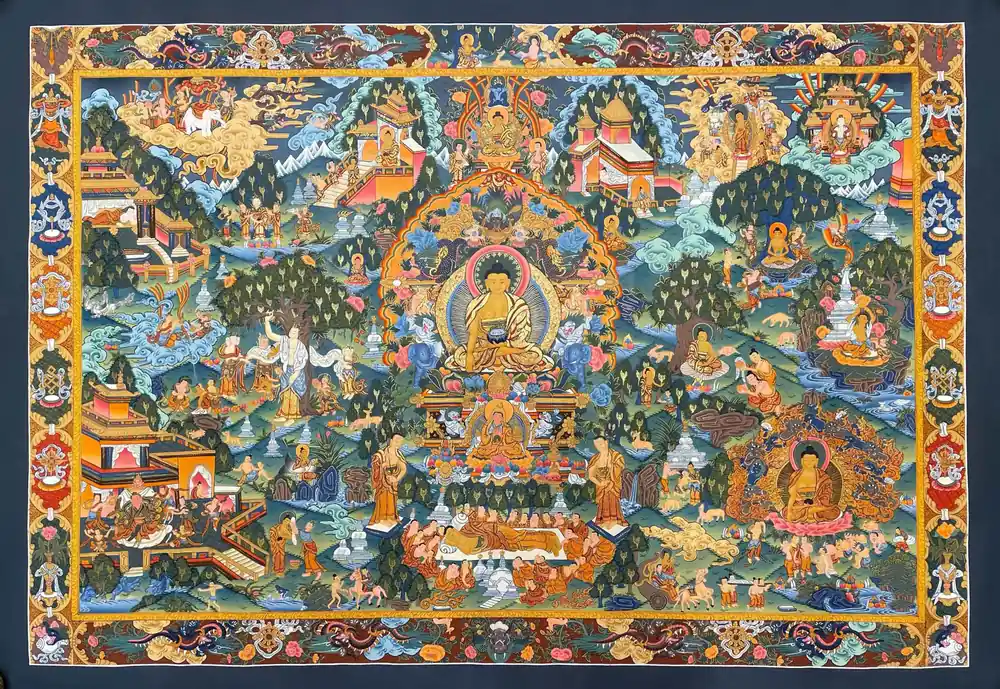 Histoire de la vie du Bouddha Thangka bouddhiste