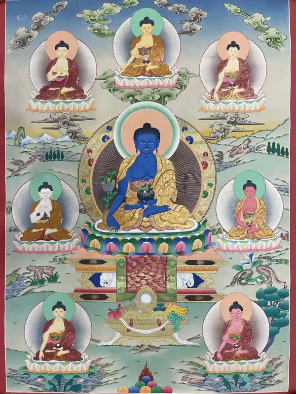Le Bouddha de Médecine avec 7 Sugata Thangka
