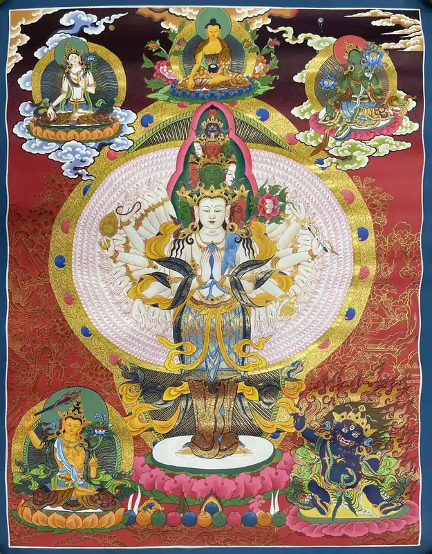 Sahasrabhuja Avalokiteshvara avec Thangka de Tara Verte