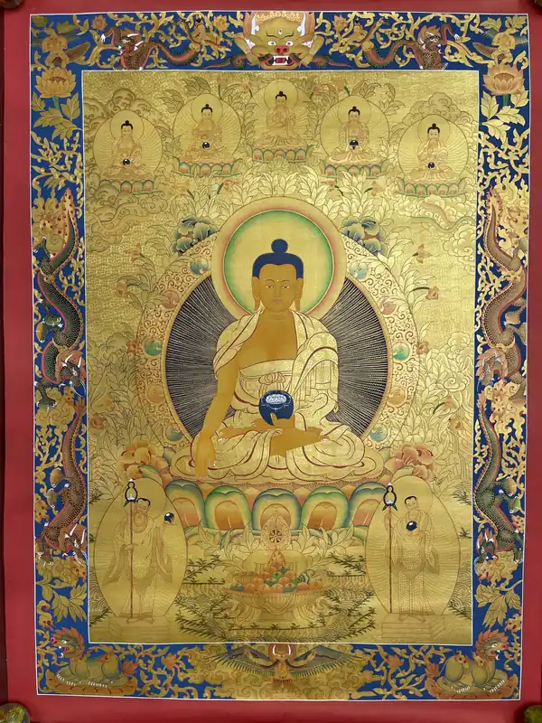 Thangka de Shakyamuni Bouddha avec les 5 Bouddhas Dhyani