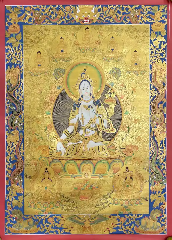 Thangka de la Déesse Tara Blanche avec Namgyalma