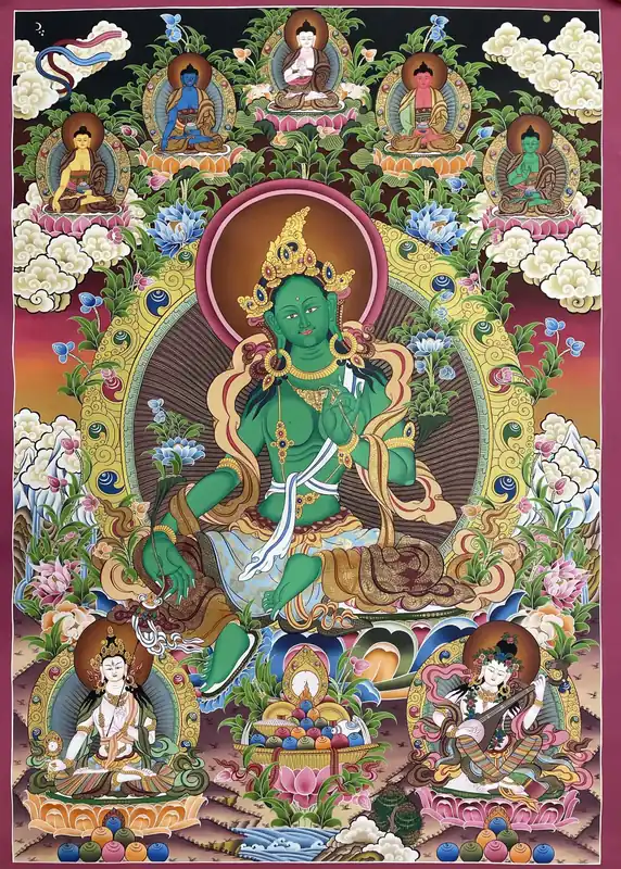 Thangka bouddhiste peint à la main de Tara Verte