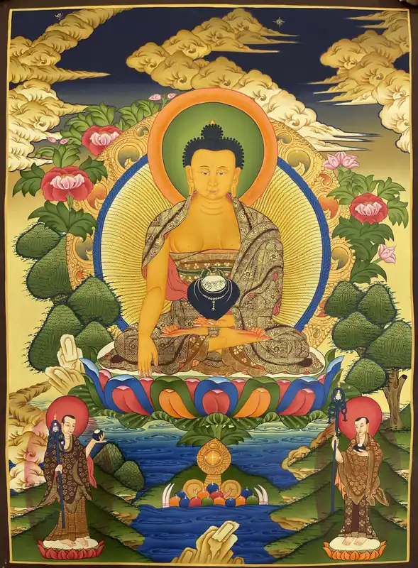 Peinture de Shakyamuni Bouddha avec Deux Dieux Debout