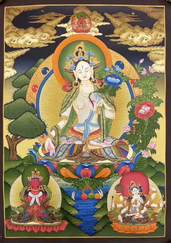 Blanche Tara avec Aparimita et Namgyal Thangka