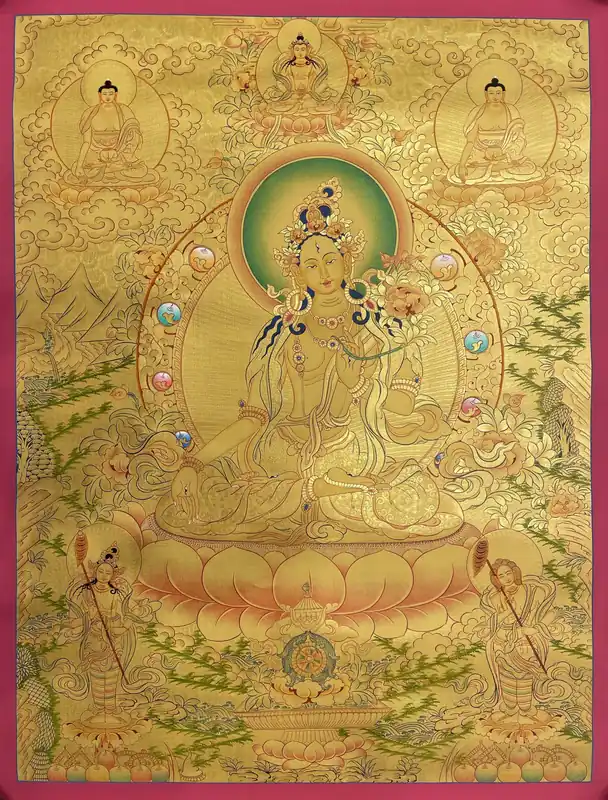Thangka de la Tara Blanche avec le Bouddha Shakyamuni