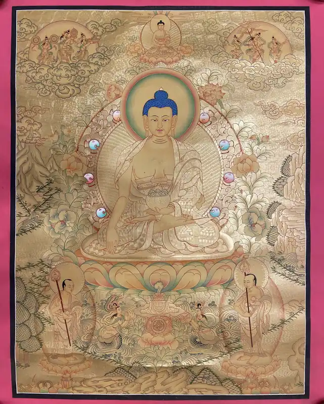 Art thangka de Shakyamuni Bouddha avec Amitabha Bouddha