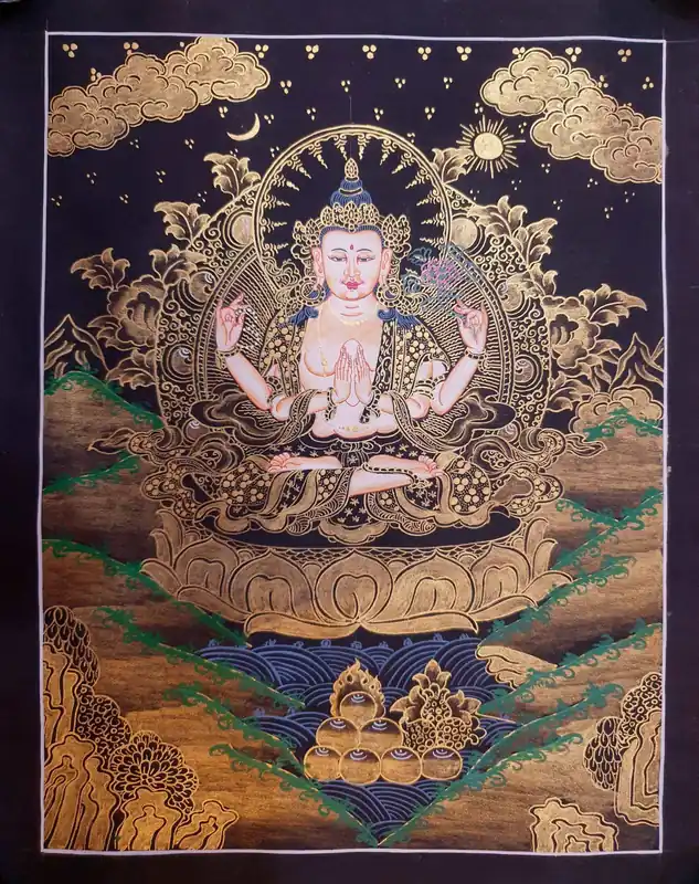 Thangka bouddhiste de petite taille de Chenrezig