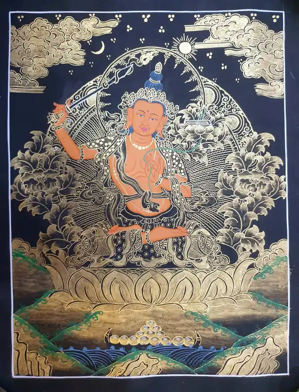 Thangka bouddhiste de Manjushri noir et doré