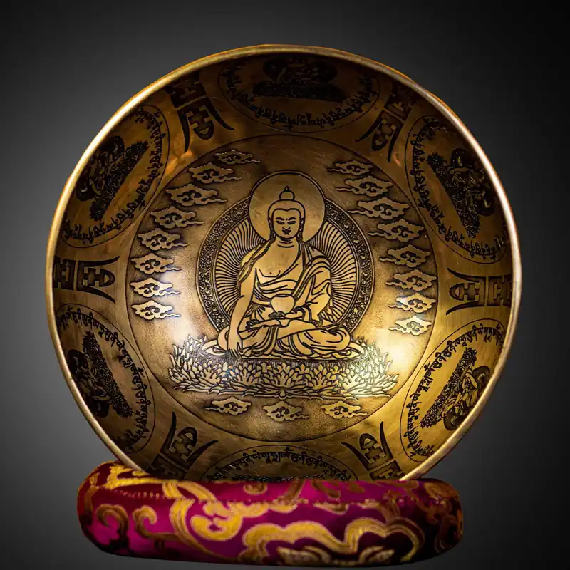 Bol chantant Jambati avec gravure de l’Éveil de Shakyamuni Bouddha