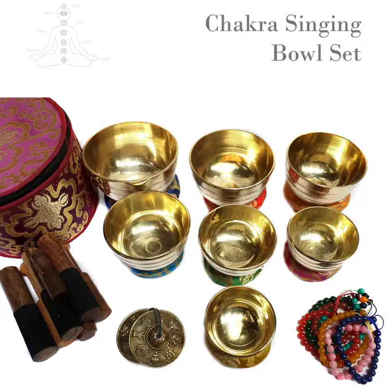 7 bols chantants des chakras avec 1 tingsha et bracelet