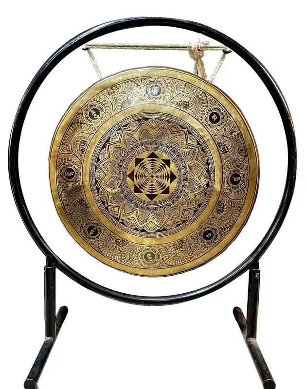 Gong tibétain avec support et gravure de mandala