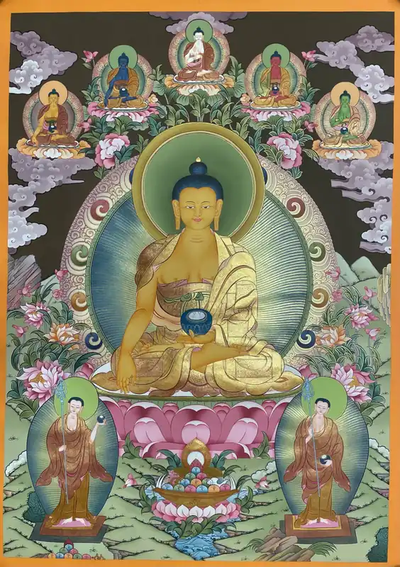 Buddha Shakyamuni avec peinture artisanale des Pancha Bouddhas