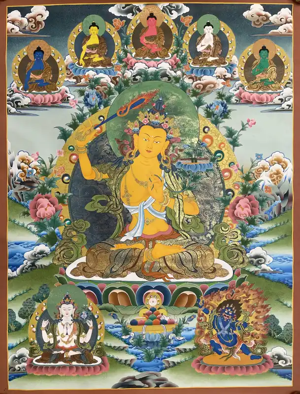Art thangka traditionnelle de Manjushri avec les Pancha Bouddhas