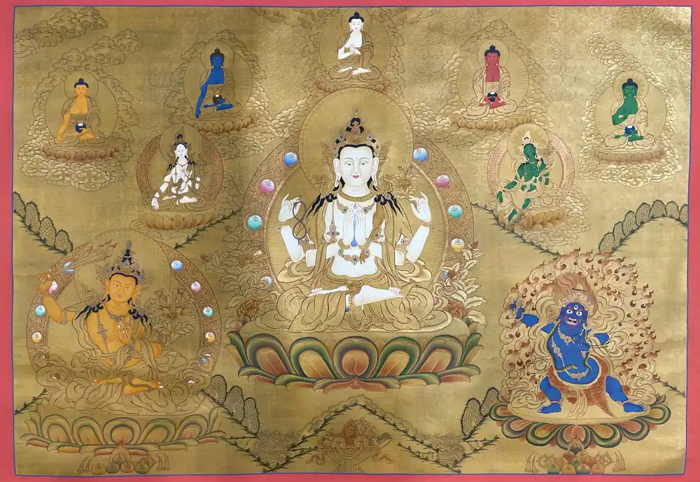 Thangka de Chenrezig avec Green Tara