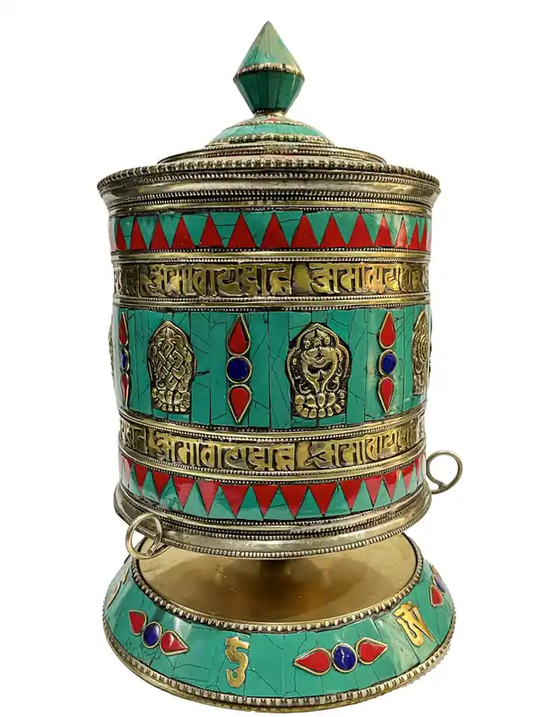 Roue de prière tibétaine avec le mantra Ashtamangala
