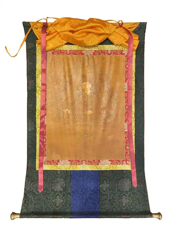 Thangka rituel de Jambhala jaune encadré de soie