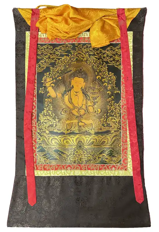 Thangka fait main encadré en soie de Manjushree