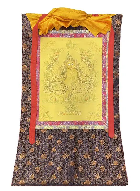 Thangka de Jambhala Jaune encadré de soie
