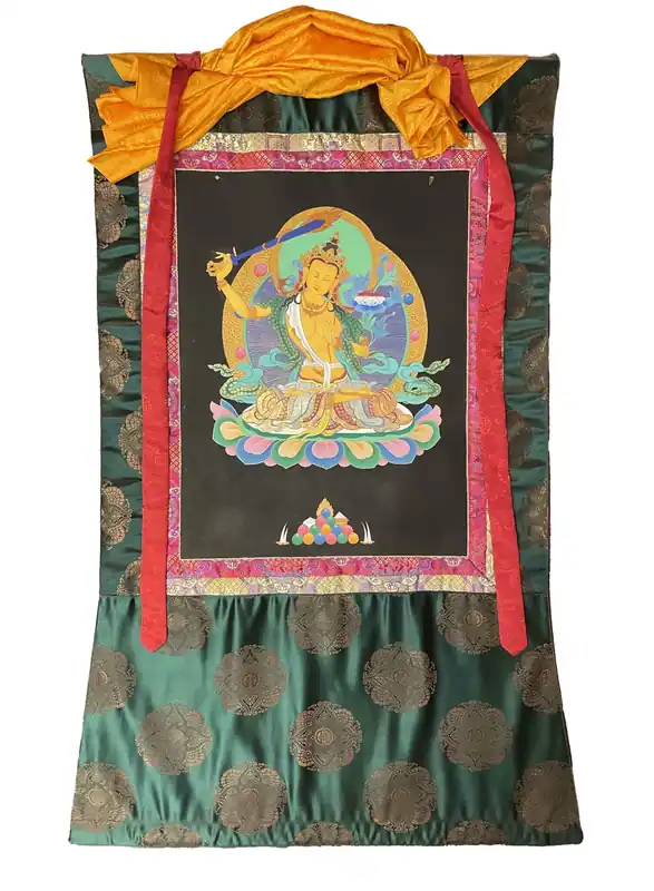 Art Thangka Manjushri Fait Main Encadré en Soie