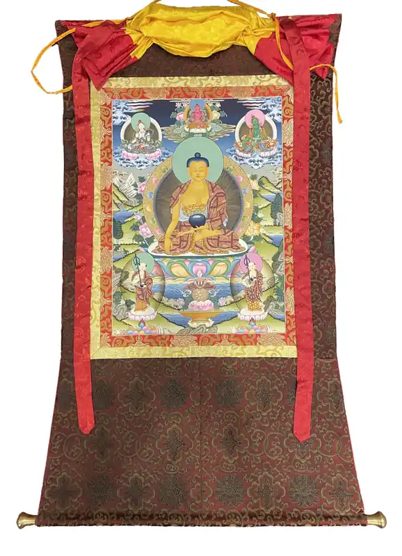 Thangka de Shakyamuni Bouddha encadrée de soie avec Tara Blanche