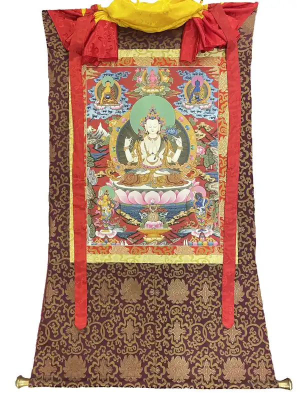 Thangka de Chenrezig encadrée en soie avec Vajrasattva