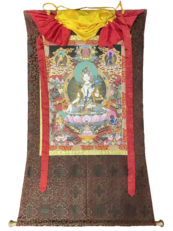 Peinture d’Art de Tara Blanche Encadrée en Soie avec le Bouddha Shakyamuni