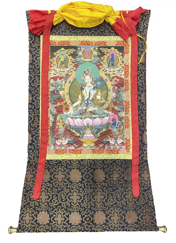 Thangka d’art de la Tara Blanche encadrée en soie avec le Bouddha Médecine