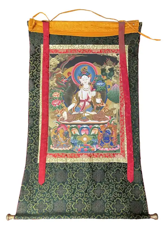 Peinture de Tara Blanche encadrée de soie avec Vajrapani