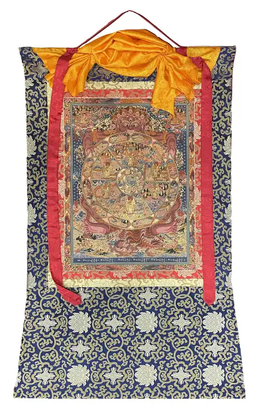 Peinture thangka traditionnelle du Roue de la Vie encadrée en soie