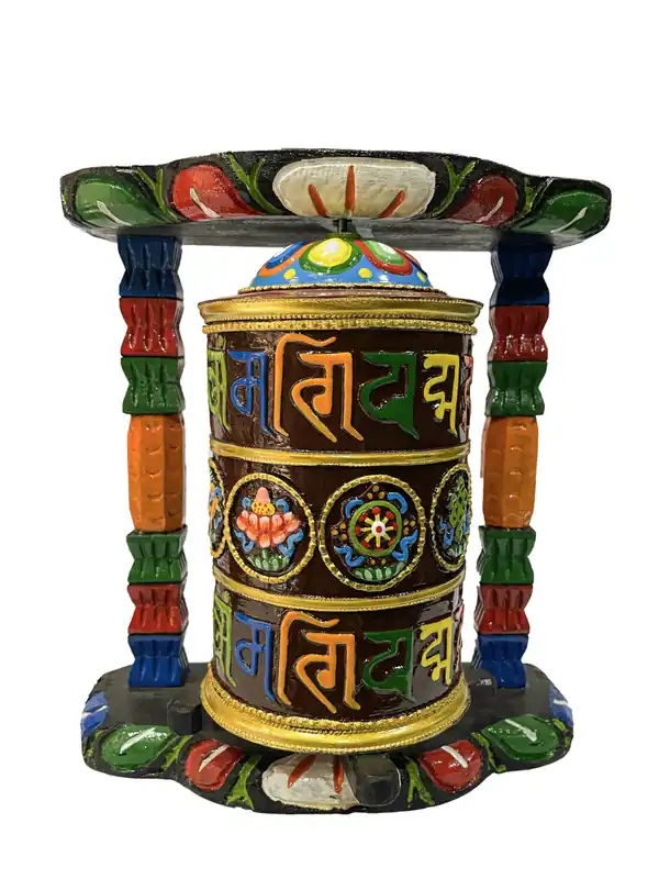 Roue de prière Ashtamangala avec mantra sculpté