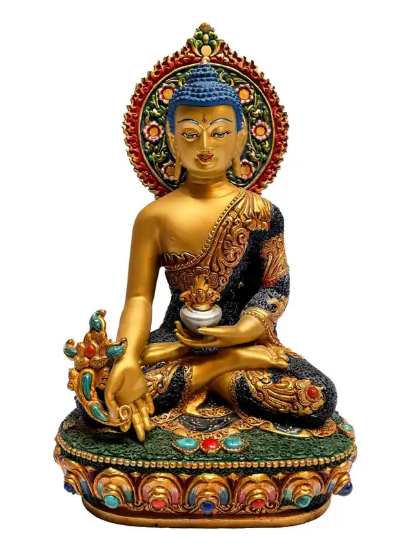 Statue traditionnelle du Bouddha de la Médecine, finement sculptée à la main.
