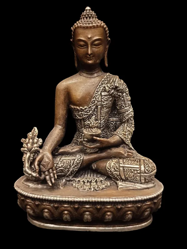 Statue tibétaine du Bouddha de la Médecine, magnifiquement sculptée à la main.