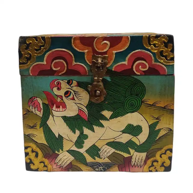 Boîte en bois tibétaine avec motif de lion des neiges