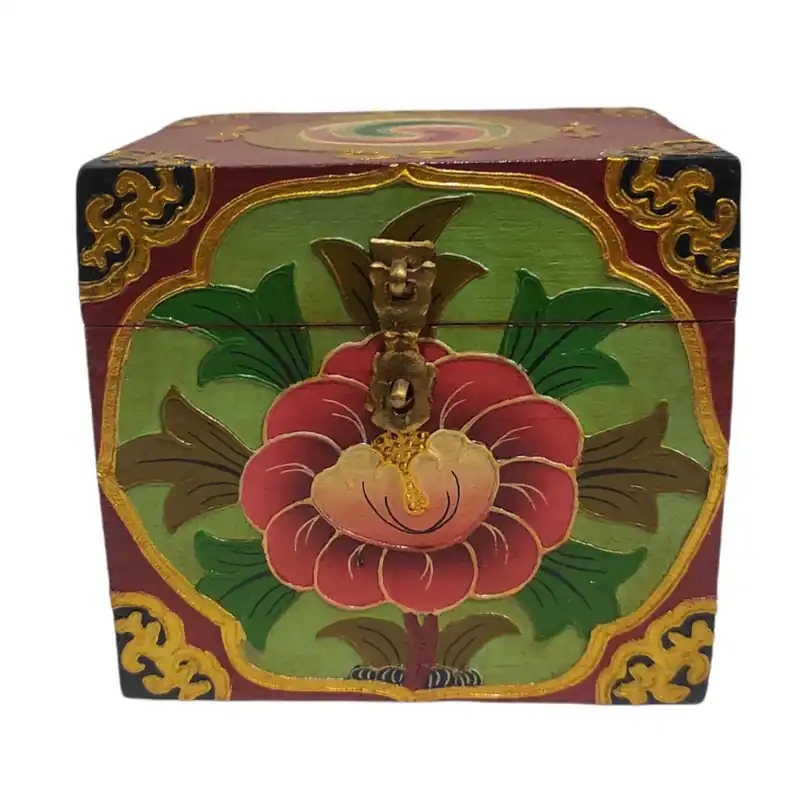 Boîte en bois tibétaine traditionnelle avec peinture de lotus