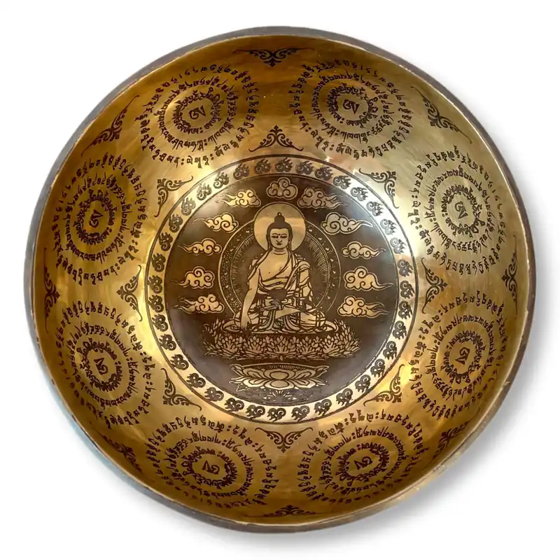 Bol chantant Jambati finement sculpté avec le Bouddha Shakyamuni