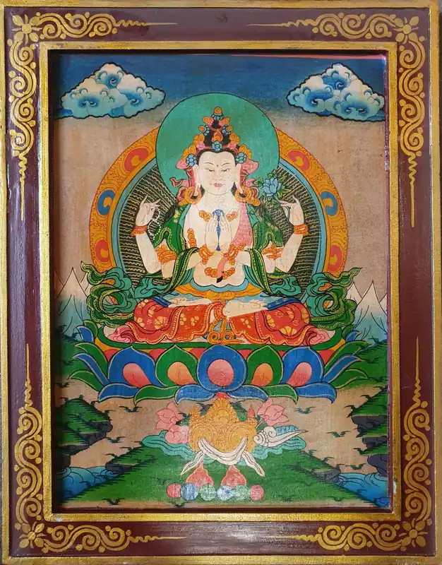 Peinture traditionnelle de Chenrezig dans un cadre en bois
