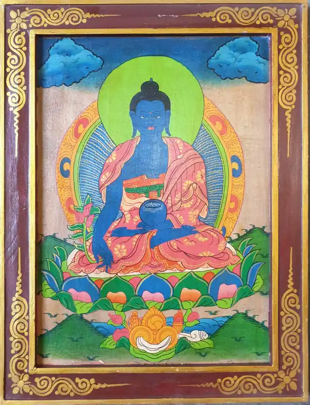 Art de la peinture traditionnelle du Bouddha de la médecine dans un cadre en bois