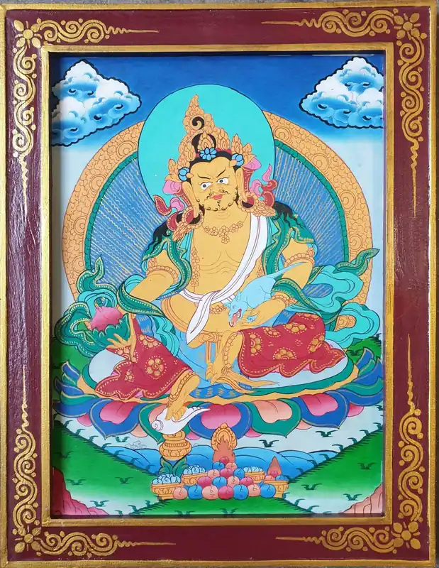 Peinture rituelle de Jambhala jaune dans un cadre en bois